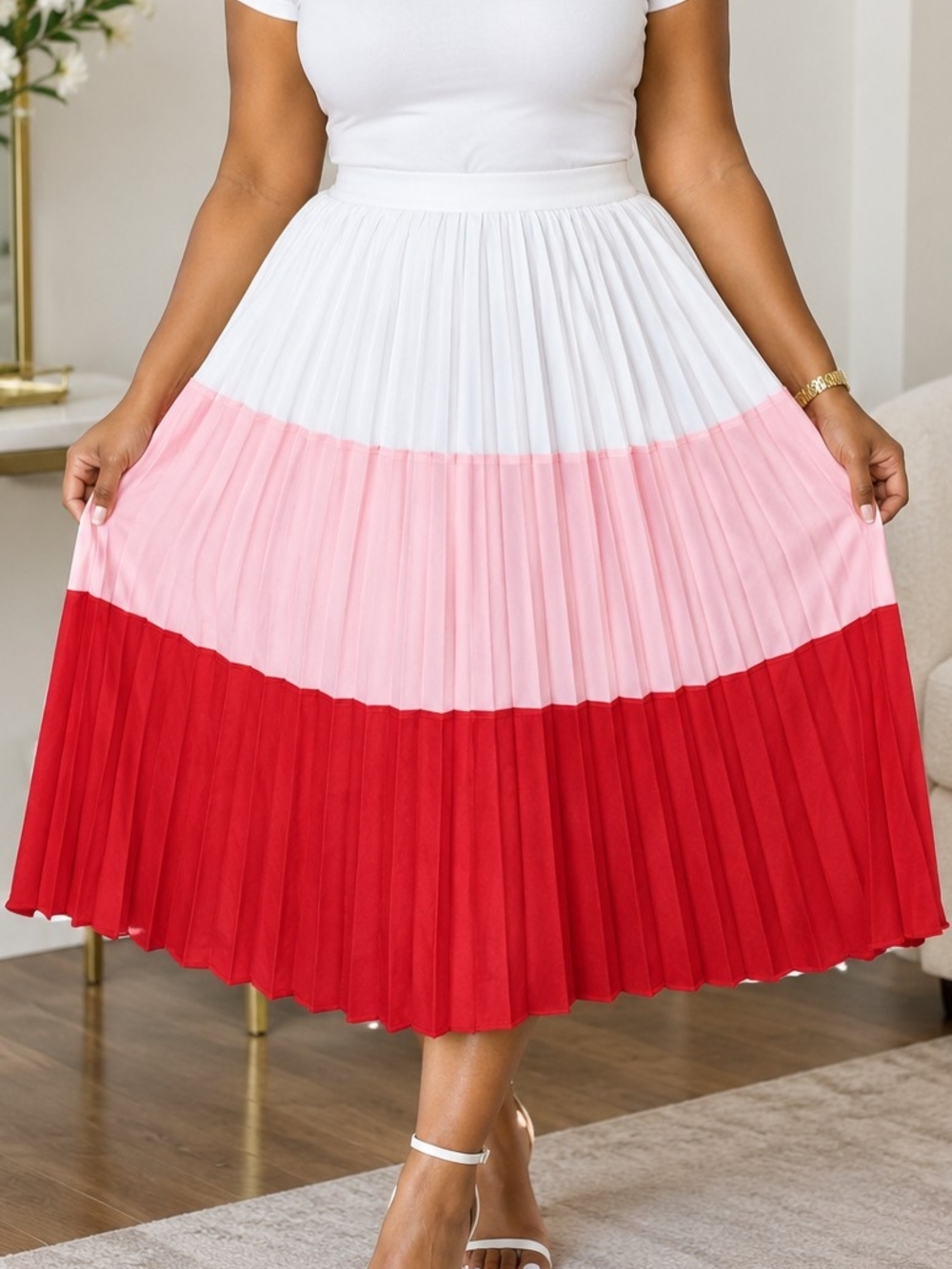 Lulu's White, Pink & Red Pleated Colorblock Midi Skirt